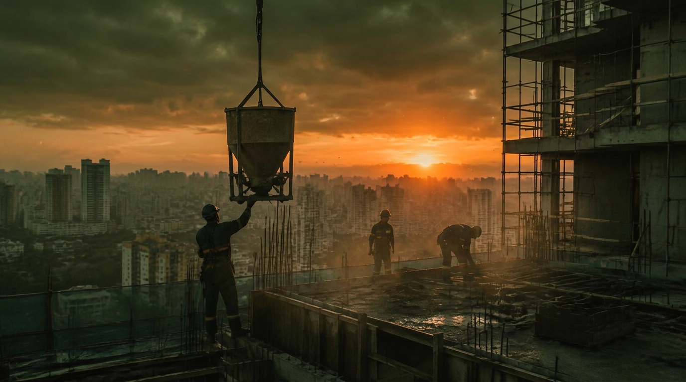 Obra em andamento ao pôr do sol